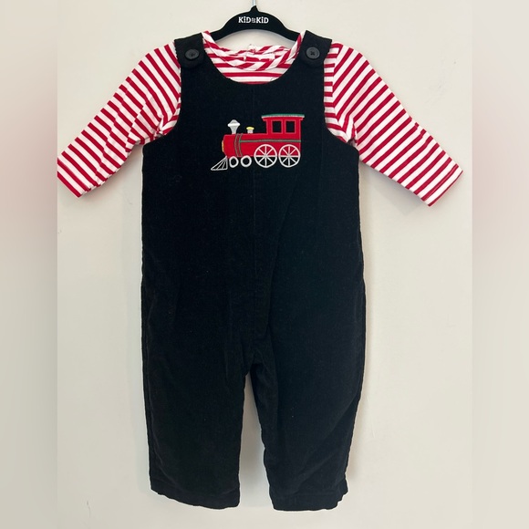 Good Lad Holiday Overall Romper Set Infant 6-9 mo Christmas 2 pc. Train Corduroy - Picture 1 of 11